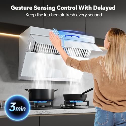 Image of Tieasy Under Cabinet Range Hood 30 Inch, 900 CFM Wall Mount Vent Hood with Auto-cleaning Function,Gesture & Touch Control, Silver Grey Tempered Glass Surface Kitchen Hood 3 Speed Exhaust Fan