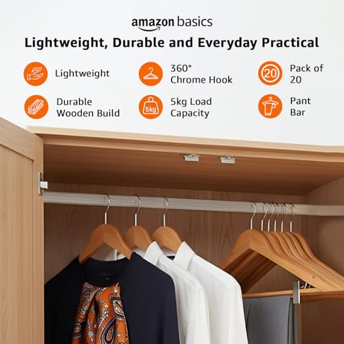 Image of Amazon Basics Wooden Hangers - Glossy Finish, Natural Wooden Color, Chrome Hook, 360 Rotation, Pant Bar, 5kg Load Capacity, Pack of 20 (Size: 44.5L x 23H x 1.2W cm)
