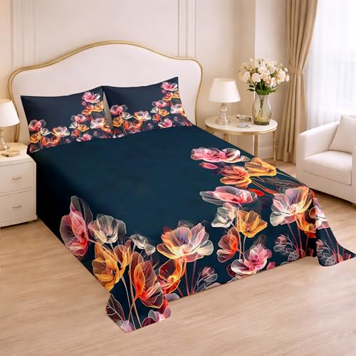Image of Cloth Fusion Glace Cotton Super King Size Flat Bedsheet 108 x 108 Inch with 2 Pillow Covers (Blossom Aura)