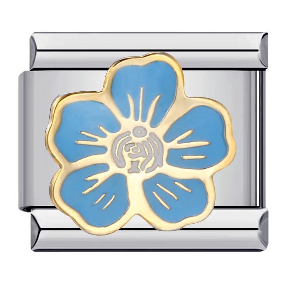 Camélia Fleur Bleu Clair Rose Cham Argent Italien Maillon 9mm Acier Inoxydable Modulaire Compatible avec Bracelet