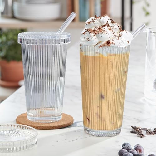 Joeyan 375ml Ribbed Glass Cups with Lids and Glass Straws, Set of 2 Glass Tumblers Iced Coffee Glasses - Image 3