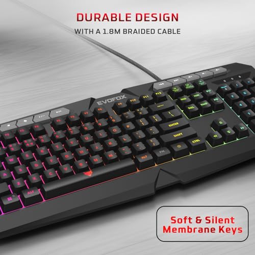 Image of EvoFox Deathray v2 3 in 1 Gaming Keyboard & Mouse Combo with Puppet Master Deskpad | 6 Zone RGB Backlighting, 19 Anti Ghosting Keys, Membrane Keys, Ergonomic, Full-Size | 6 Buttons, 7 Color LED Lighting, Upto 3600DP | Extended Deskpad (Wired)