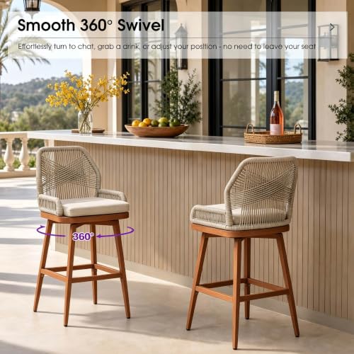Image of PURPLE LEAF Swivel Counter Height Bar Stools Set of 2, Cushion, Deep Teak | 360 Rotating, All-weather Wicker, Heavy Duty Aluminum, Removable Cushion, Ergonomic Backrest, Indoor Outdoor, Easy Clean