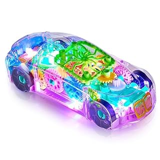 Playbees Light-Up Transparent Car Toy, Toys for Autistic Kids Ages 3-5 Sensory Toy for Kids with Autism Special Needs Toys, Bump and Go Toys for Toddlers Music and LED Effects Great Gift Idea