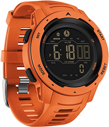 findtime Schrittzähler Armbanduhr Orange mit Kalorien 5ATM Wasserdicht Timer Stoppuhr, Fitness Herrenuhr Digital Militär Tactical Uhr Duale Zeitzone Sport Outdoor für Männer Jungen