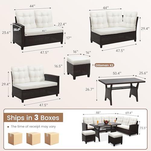 Image of KROFEM 6 Piece Patio Furniture Set, Dining and Conversation Set, Beige | UV Treated Wicker, Machine Washable Cushions, Seats 7, 2 Ottomans, 3 Sofa Section, Dining Table, Rustproof Frame