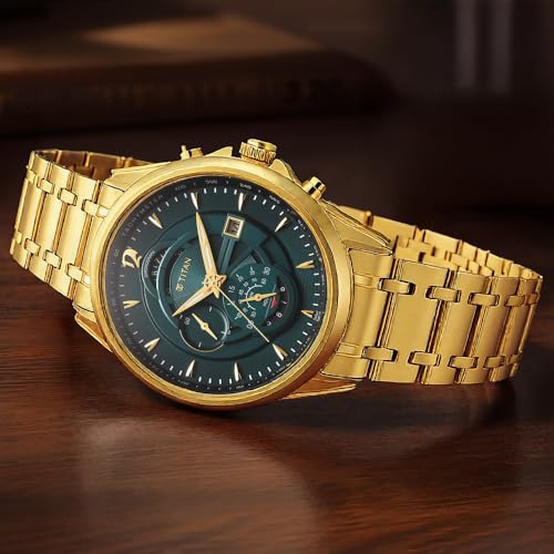 Image of Titan Regalia Premium Quartz Chronograph with Date Forest Green Dial Gold Stainless Steel Strap Watch for Men - NT1830YM02