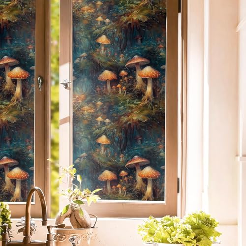 Película decorativa para ventana con diseño de bosque de hongos miniatura 1