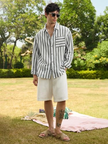 Image of The Souled Store Cotton Linen Stripes: Ashen Men and Boys Long Sleeve Spread Collar Button Front Green Striped Regular Fit Easy to Dress Officewear Casual Cotton Linen Shirts