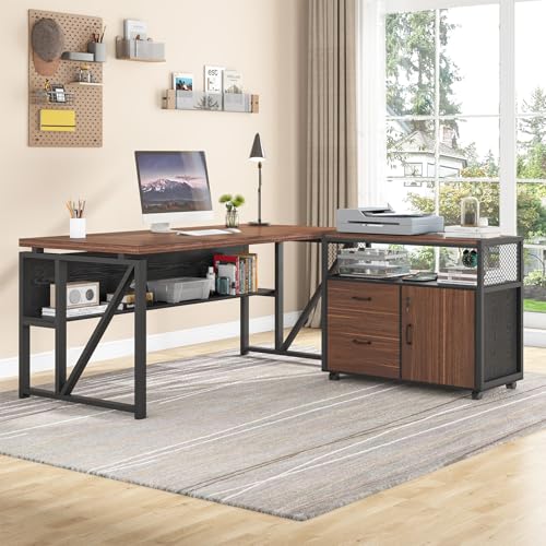 Image of Tribesigns 63 inch Executive Deskwith Drawer Cabinet, L Shaped Desk and lateral File Cabinet, 2 Piece Home Office Furniture Set with Drawers for Hanging, Doors with Locks