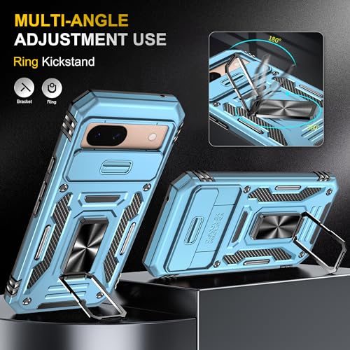 Image of Polycarbonate Slide Camera Cover with Ring Holder Mobile Phone Back Cover for Google Pixel 8A (Blue)