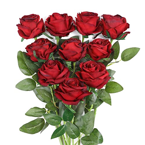 JUSTOYOU Rose Artificial Silk Flowers Bouquet Home Office Arreglos de Boda Vino Tinto (10 PCS)