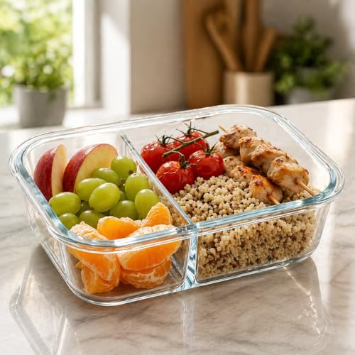 Image of Slim Borosilicate Glass Two Compartment Lunch Box | Leakproof Silicone Seal | Heat Resistant | Great for Office & Outdoor Activities | Best for Storing Leftovers (1 LTR | Clear)