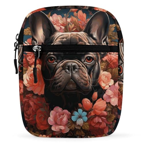 Personalized Small Crossbody Bag Water Resistant Messenger Bags Mini Bulldog And Flowers Printing SlingBag For Men Women