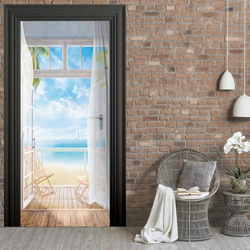 Pegatina Puerta Playa con Vista Al Mar Murales Puertas Autoadhesivo Pegatinas para Puertas Playa con Vista Al Mar Puerta Pared Mural 3D Interiores Decorativas Papel Pintado 88x200 cm m2488