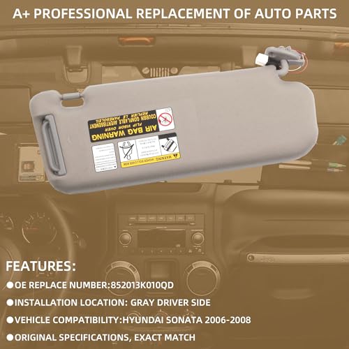 Dasbecan Grey Left Driver Side Sun Visor Compatible with Hyundai Sonata 2005 2006 2007 2008 2009 2010 Replaces# 852013K010QD 85202-0A750-QSQQH