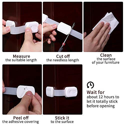 Haneye Child Safety Locks, 6 Pack Baby Safety Locks for Cabinets, Drawers, Fridges, Adjustable Strap Locks With Strong Adhesive Latch, No Tools or Drilling Needed - Thumbnail 3