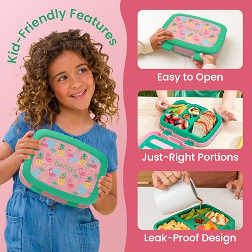 Image of Bentgo Kids Prints Leak-Proof, 5-Compartment Bento-Style Kids Lunch Box - Ideal Portion Sizes for Ages 3-7, Durable, Drop-Proof, Dishwasher Safe, & PFAS & BPA-Free Materials (Tropical)