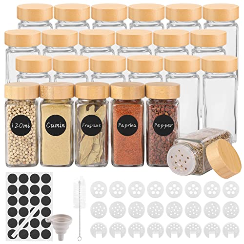 VORHOT Lot de 12 Pot a Epices en Verre et Bois, 120ml bocaux Epices Verre Bambou, Boite à Épices Cuisine Rangement avec Couvercle Hermetiques, Bocal Epices avec Tamis, Étiquettes, Brosser, Entonnoir