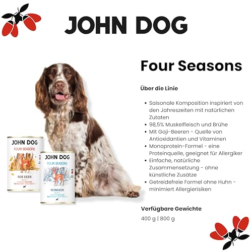 John Dog Premium Hundefutter Nass mit Rentier 400g - Monoprotein Nassfutter für Hunde - Glutenfreies Hundenassfutter mit 98,5% Fleischanteil - Hypoallergenes Futter - Four Seasons