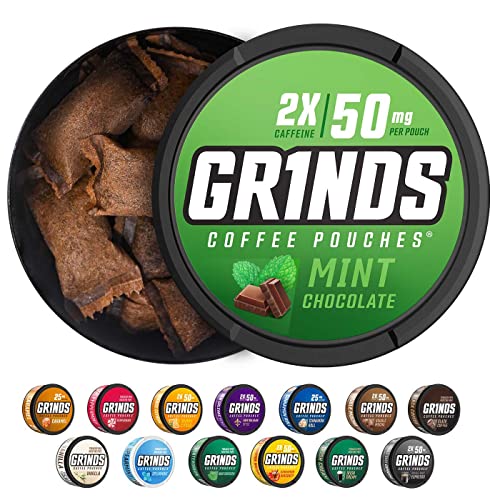 Grinds Coffee Pouches | 3 Cans Of Mint Chocolate | Made In The Usa | Tobacco Free, Nicotine Free Healthy Alternative | 18 Pouches Per Can | 1 Pouch Eq. 1/4 Cup Of Coffee (Mint Chocolate) #TOP1