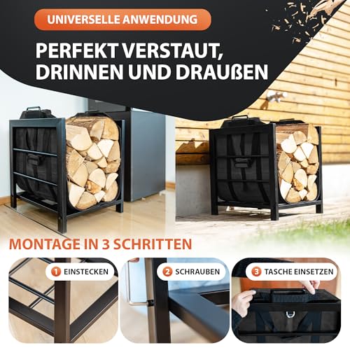 Eklavia Kaminholzregal mit Canvas-Tasche 50×40×55 cm – pulverbeschichtetes Brennholzregal/Holzlager – saubere und ordentliche Holzaufbewahrung – für innen & außen