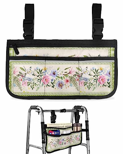 Spring Floral Wheelchair Side Bag Walker Bag, Summer Rustic Flowers Green Plaid Wheelchair Accessories Armrest Pouch, Organizer Storage Bag for Walkers, Rollators, Scooters, 7.3''x13''