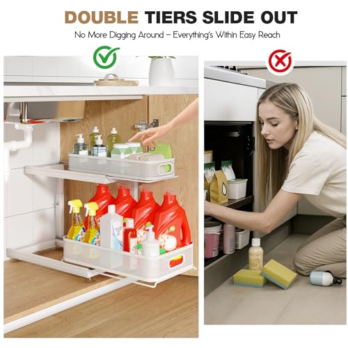 Image of 2-Pack Under Sink Storage Organizer with 2-Tier Slide Out Drawer, Sophisticated Mesh Pull Out Shelf for Kitchen & Bathroom, Fits Small Items, Upgraded Arched Track for Smooth Gliding(Patented)