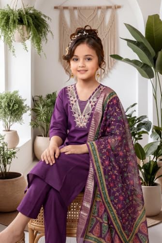 Image of Girls Cotton Blend Embroidered Kurta Pant with Printed Banarasi Style Dupatta Set | Festive Ethnic Wear for Kids | Traditional Suit Set for Girls (4-14Years)