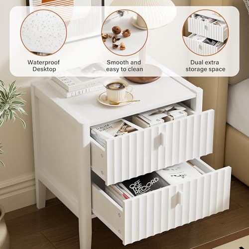 Image of Furniway Nightstand Set of 2, Modern End Table with Solid Wood Legs, Bedside Table with 2 Drawers and Metal Handles for Bedroom, White