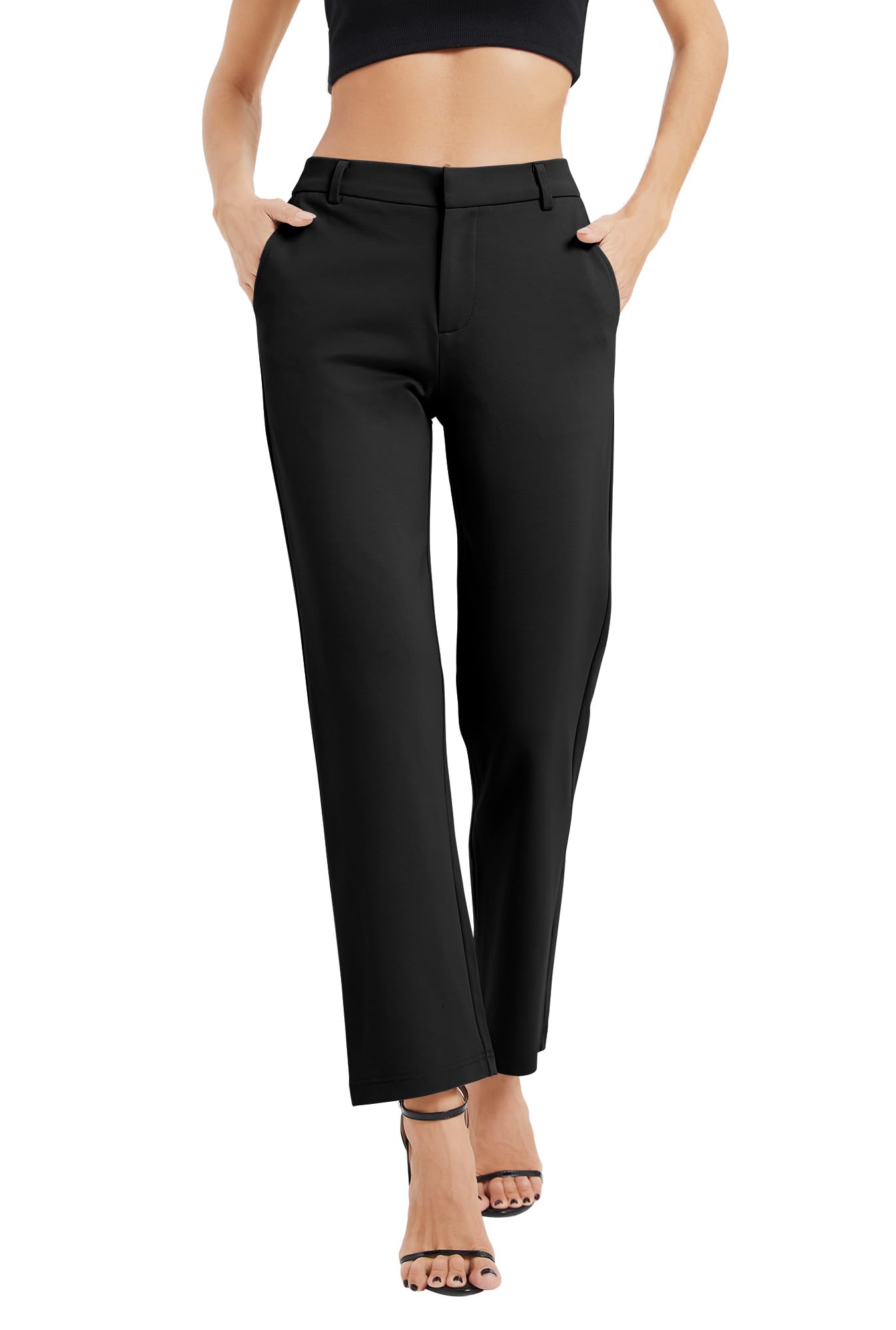 EXCHIC Mujeres Casual Comercio Rectas Piernas Trabajo Elástica Cintura Traje Pantalones con Bolsillos