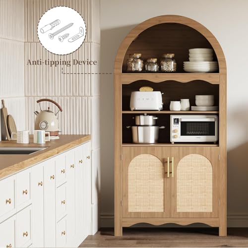 Image of LINLUX 63 inch Arched Kitchen Pantry Cabinet, Arched Cabinet with Rattan Doors & Adjustable Shelves, Versatile Cupboard Arch Cabinets for Kitchen Storage, Dinning Room, Living Room, Entryway, Natural