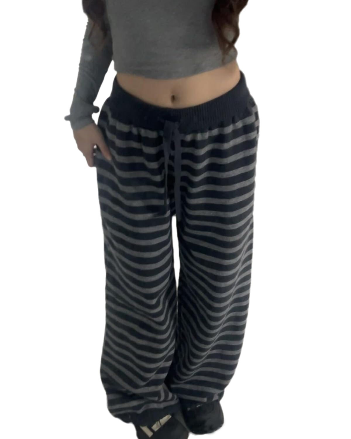 Lunoakvo Women Harajuku Stripe Wide Leg Trousers Y2k Aesthetic Grunge Color Block Loose Knitted Casual Pant