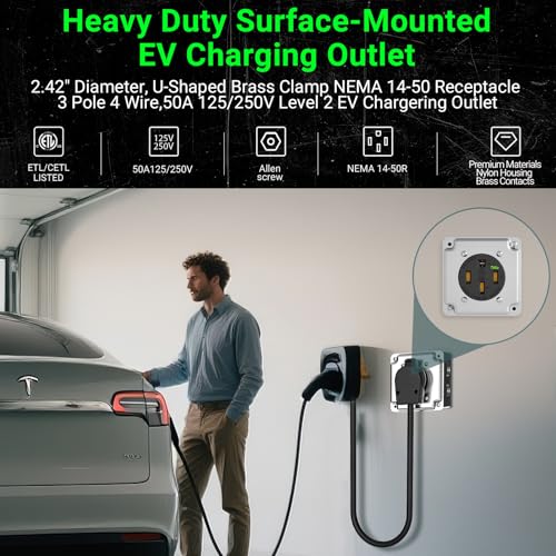Image of Nema 14-50 EV Outlet (Surface Mount Kit) 50 Amp EV Charging Receptacle Heavy Duty,2.42 inch Diameter, U-Shaped Brass Clamp -Industrial Grade, 3-Pole 4-Wire Grounding, 50A 125 /250V, ETL Listed
