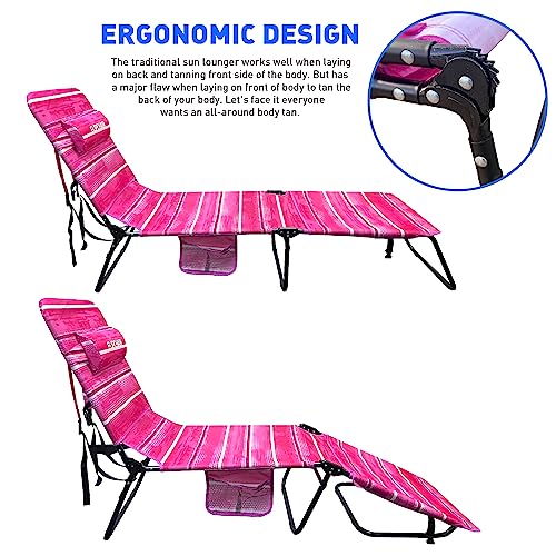 Flip Face Down Tanning Chaise Lounge Chair - Face & Arm Holes - 2 Legs Support - Polyester Material – Backrest Positions - Head Rest Pillow - Beach Or Home Use - Patents Pending - Pink Stripes Pattern #TOP4