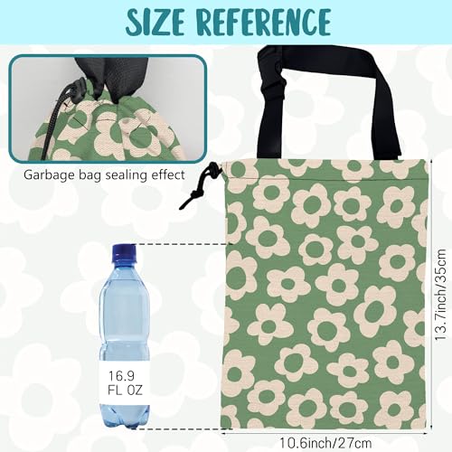 Image of Car Garbage Bag Vintage Green Groovy Flowers Drawstring Car Trash Bag Hanging for Back Seat with Adjustable Buckle Canvas Vehicle Trash Can Easy-to-Install