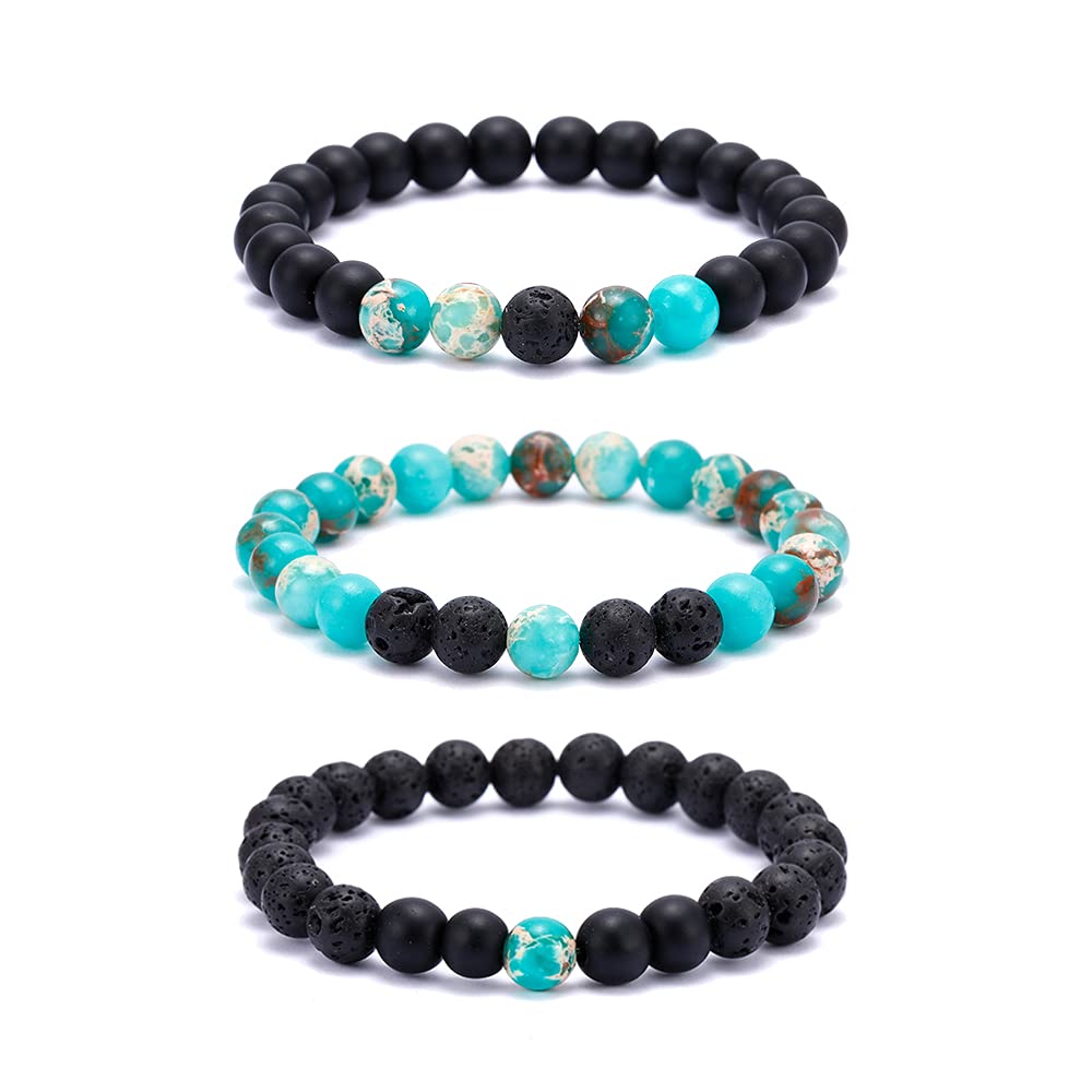 SOOWOOT3PCS Beads Bracelet for Men Women Matte Lava Rock Volcanic Stone Bracelet Stress Relief Natural Stone Anxiety Bracelet