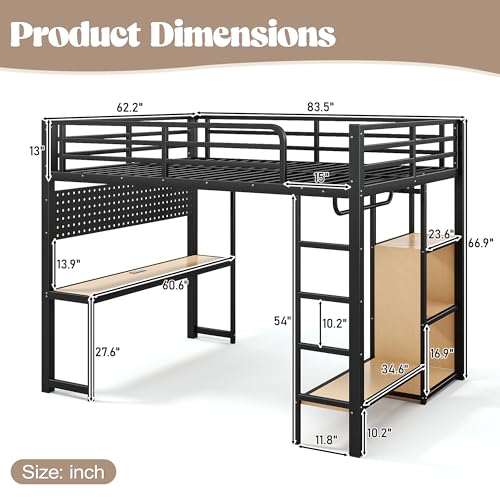 Image of Bellemave Queen Size Loft Bed with Desk,with USB Ports, Lights, and Hanging Rod, Cave Board Design, Metal Queen Loft Bed Frame for Adults, Kids, Teens, Black