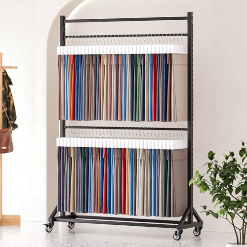 KOMFGT Fabric Roll Storage Rack,Sample Fabric Display Rack, Curtain Color Card Display Stand, Movable Heavy Duty Steel Scarf Hanger, Commercial Organizer Holder for Displaying B（2 Rods-174x45x205cm）