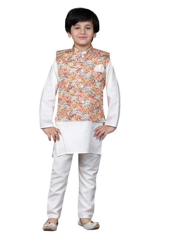 Image of superminis Boys Cotton Printed Full Sleeves Kurta Pyjama with Jacket Ethnic Wear Set