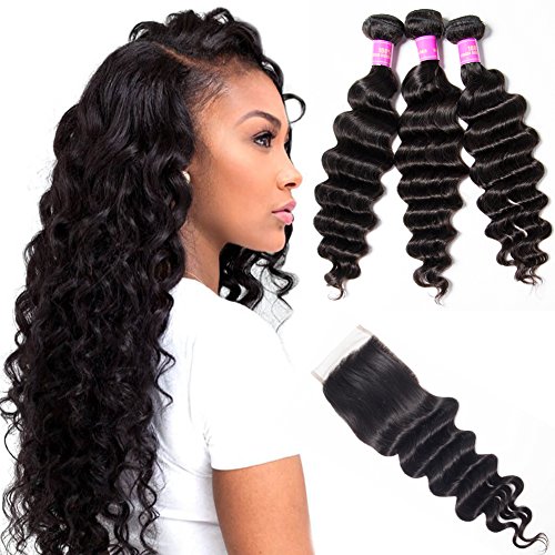 Star Show Hair Malaysian Loose Deep Wave Bundles with Closure Virgin Loose Wave Human Hair Extensions(12 14 16 with 12 Free Part Closure)