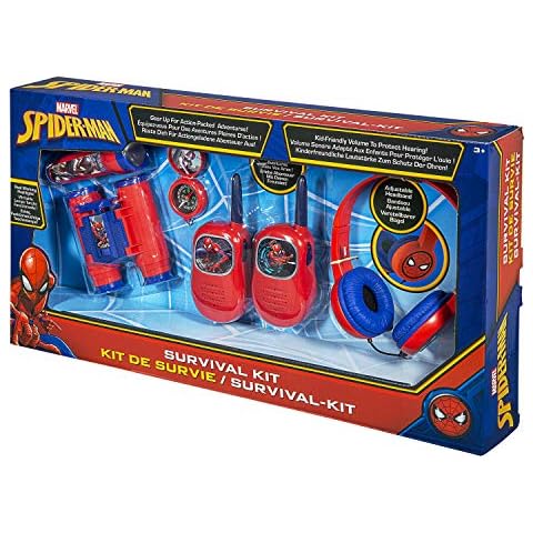 KIDdesigns Spiderman | Survival Kit. Volume Friendly Headphones, Push to Talk Walkie Talkies, Compass, Flashlight and Binoculars Cover