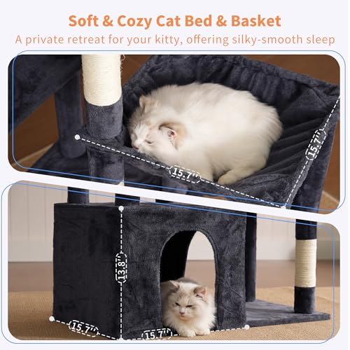 Heybly Heavy Duty Cat Tree, Tower for Indoor Cats large adult, Tall Cat Condo House with Extra-Large Baseboard, Multi-Level Plush Furniture with Scratching Posts, Hammock,Toy Balls, Smoky Grey HCT026G - Image 5