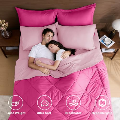 HEVUMYI Hot Pink & Baby Pink Queen Comforter Set - 7-Piece All Season Bed in a Bag Queen, Ultra Soft Bedding Set with Comforter, Flat Sheet, Fitted Sheet, Pillowcases, Pillow Shams