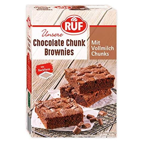 RUF Chocolate Vollmilch-Chunk Fudgy Brownies, Backmischung für Brownies mit Vollmilch-Schokostückchen, mit Backform, Rezept-Tipp für Cheesecake Erdnuss-Frischkäse-Brownies dabei, 1x410g Cover