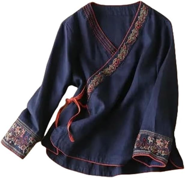 Women's Autumn Literary Retro Loose Fit Cardigan Embroidered Crochet V-Neck Long Sleeve Cotton Linen Top