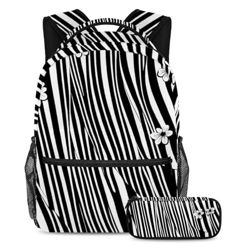 Lot cartables fleurs noires et blanches grand sac et trousse pour ranger tous les grands cahiers