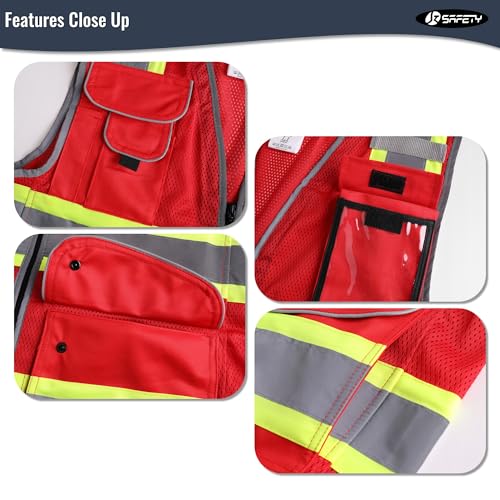 Image of JKSafety 11 Pockets Hi-Vis Black Mesh Safety Vest for Men Women High Visibility Reflective Construction with Zipper Work Utility PPE Work Gear ANSI /ISEA compliant (102-Red M)