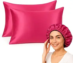 Kit Fronha de Cetim e Touca Antifrizz, Rosa, 2 Peças, 50 x 70 cm FEC