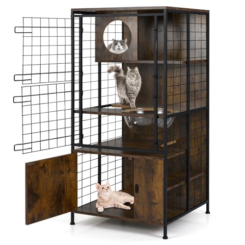 COSTWAY Grand Cage Chat à 4 Niveaux, Enclos pour Chats en Fil, 3 Plateformes, Capsule, Meuble de Rangement Bas, Portes Verrouillable, Patins Réglables, pour...